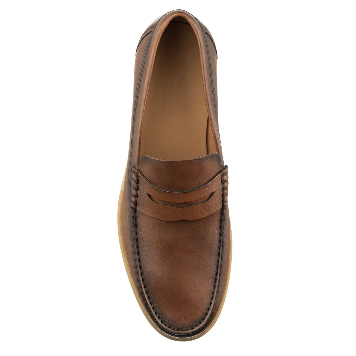 To Boot New York Bennett Burnished Tan Brown Baby Calf Leather Penny Loafer