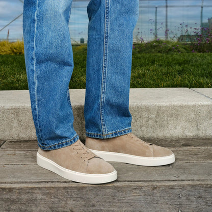 To Boot New York James Taupe Suede Stretch Lace Luxury Low-Top Sneaker