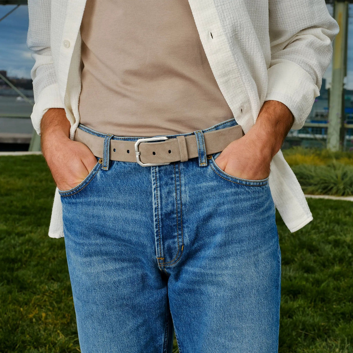To Boot New York Taupe Suede Beveled Buckle Belt