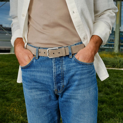 To Boot New York Taupe Suede Beveled Buckle Belt