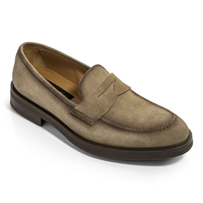 To Boot New York Le Grand Taupe Suede Penny Loafer with Aerograph Detail