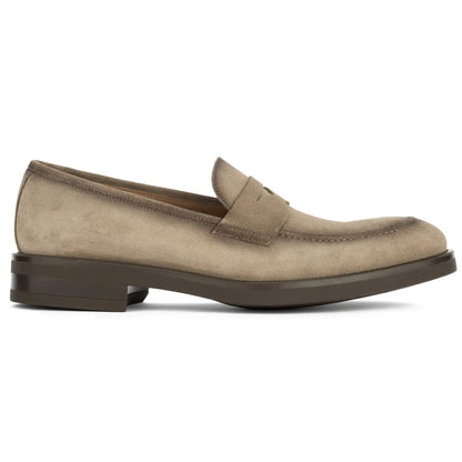 To Boot New York Le Grand Taupe Suede Penny Loafer with Aerograph Detail